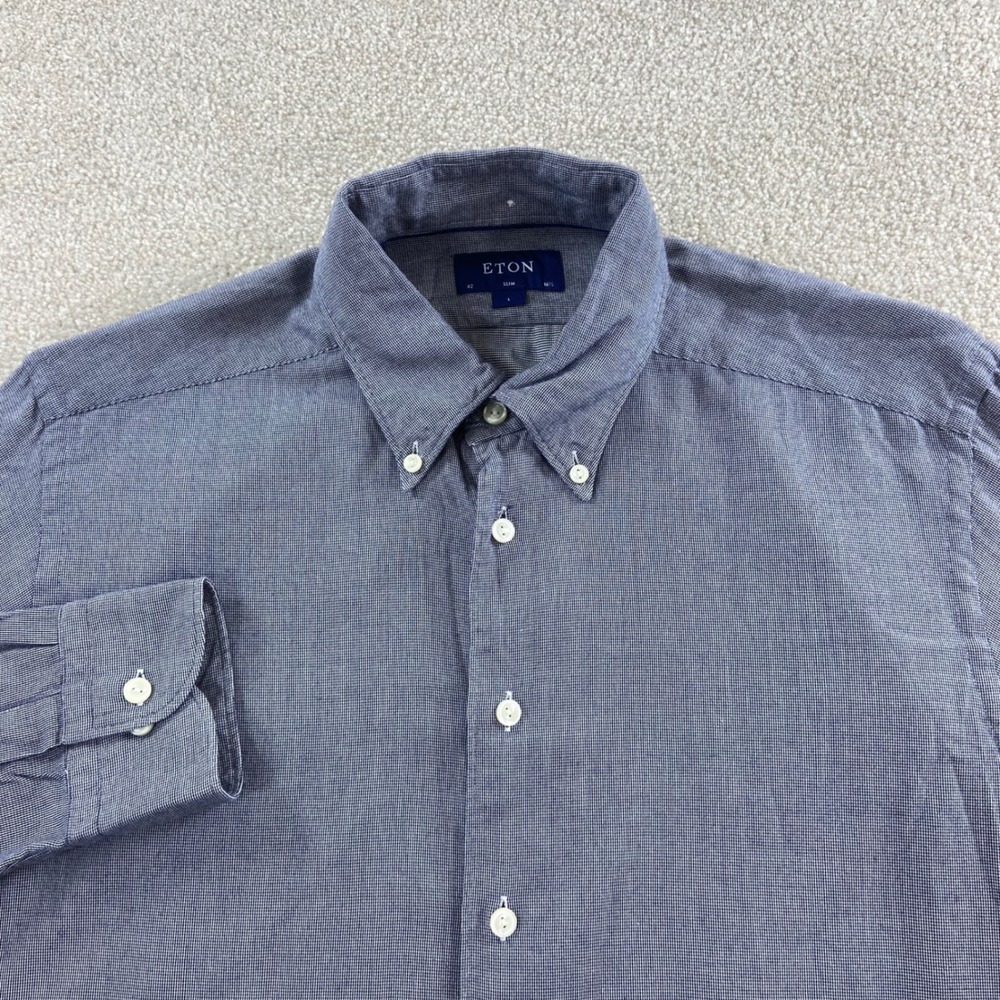Eton Button Down Shirt Mens L Blue Slim Fit Cotton Lyocell Long Sleeve Pattern